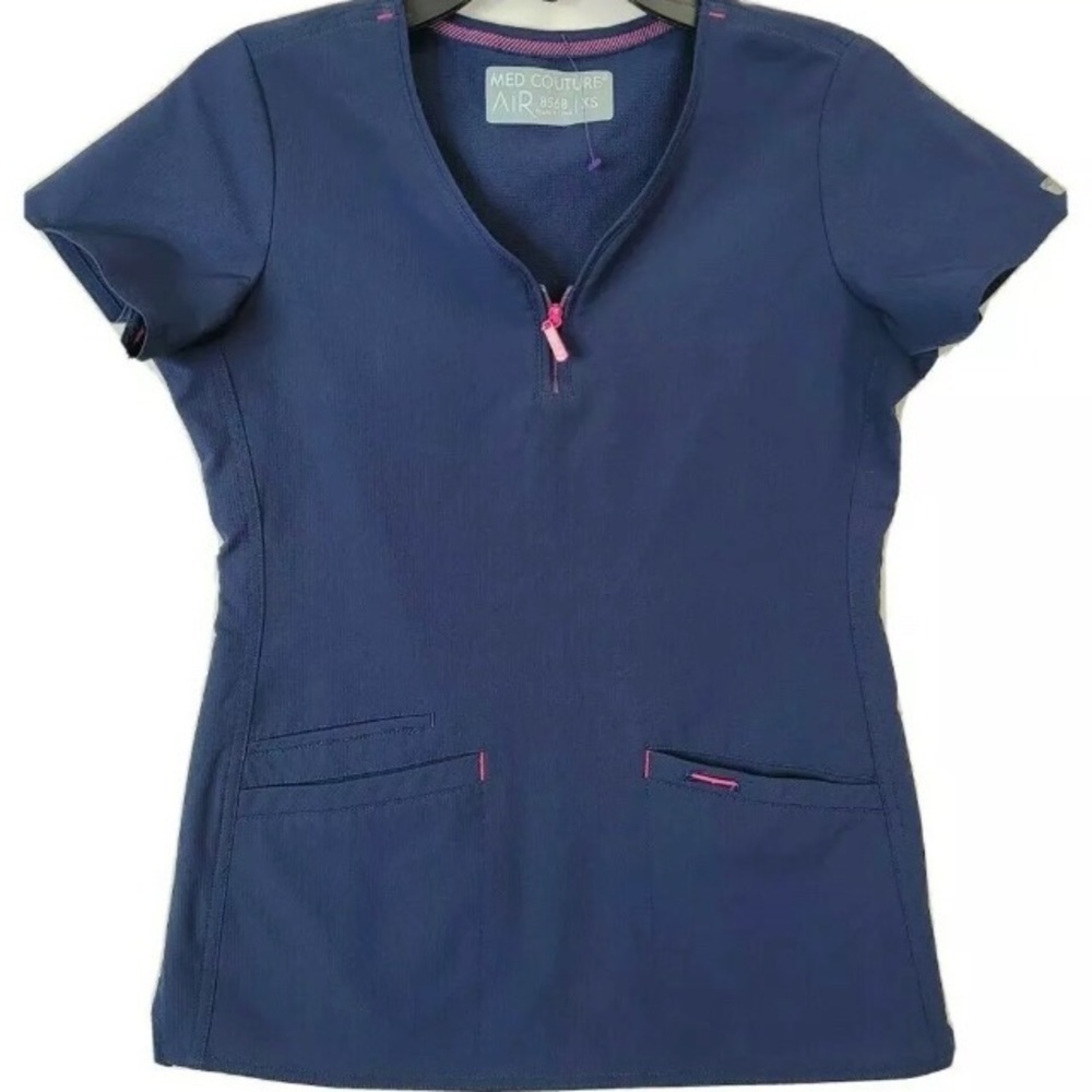 Med Couture Air zippity zip XS navy scrub top zip & pockets